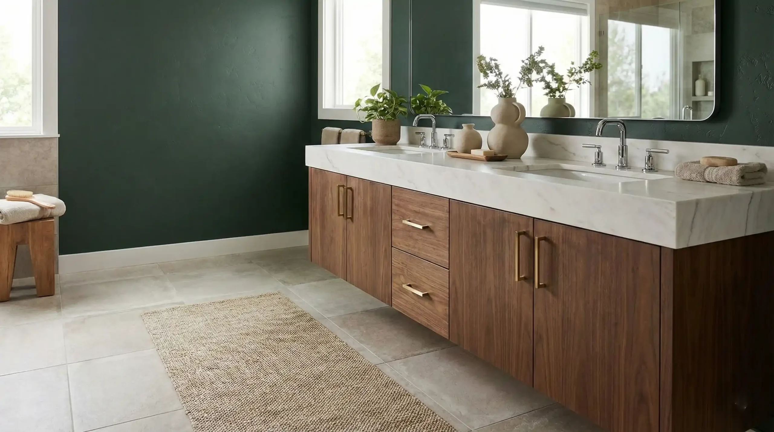 Timeless modern master bathroom vanity ideas featuring natural wood tones and soft white finishes.