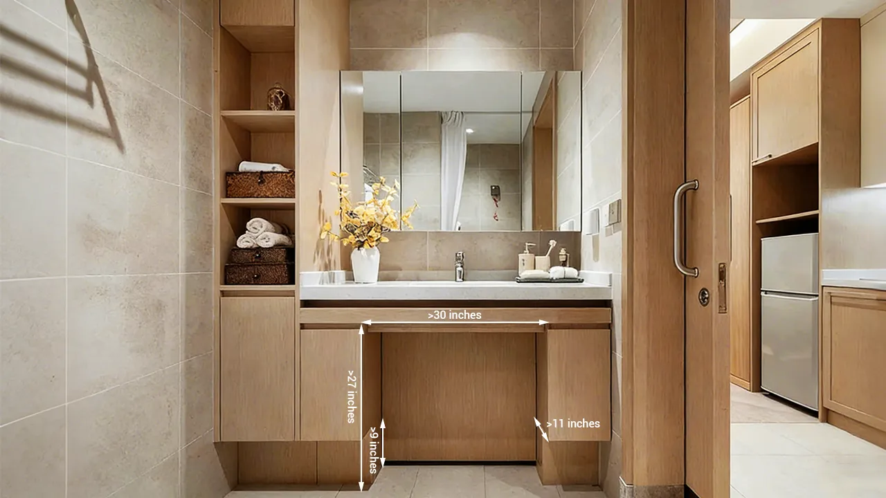 Diagram of handicap vanity dimensions detailing 27-inch knee clearance height and 9-inch toe clearance for wheelchair access.