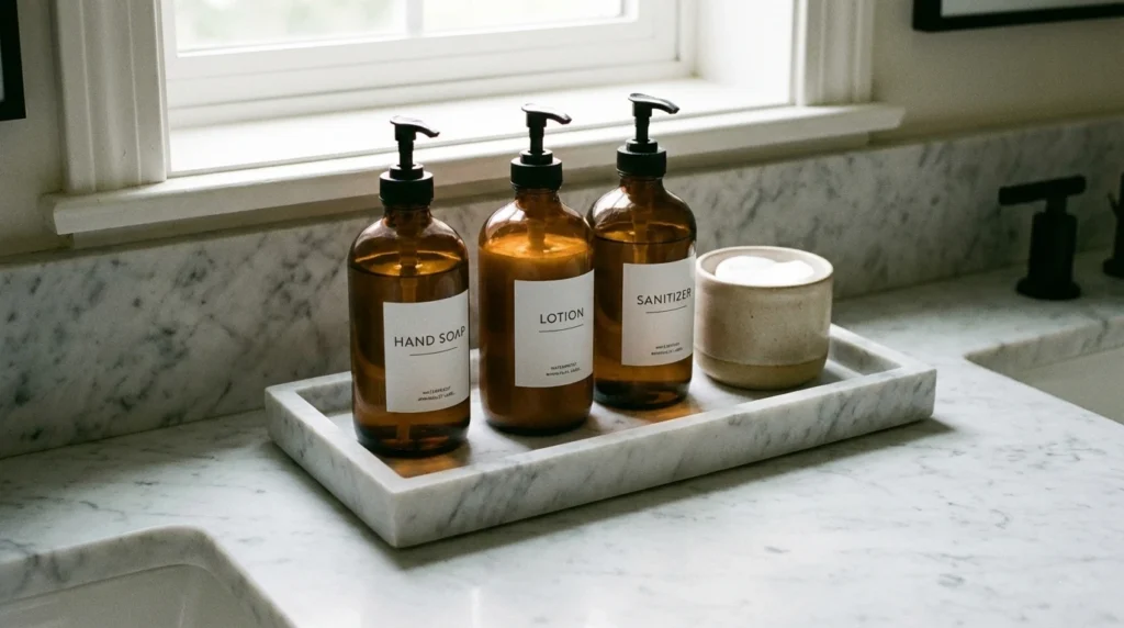 Tidy hotel vanity featuring bathroom vanity top decorating ideas like uniform dispensers grouped on a decorative tray.