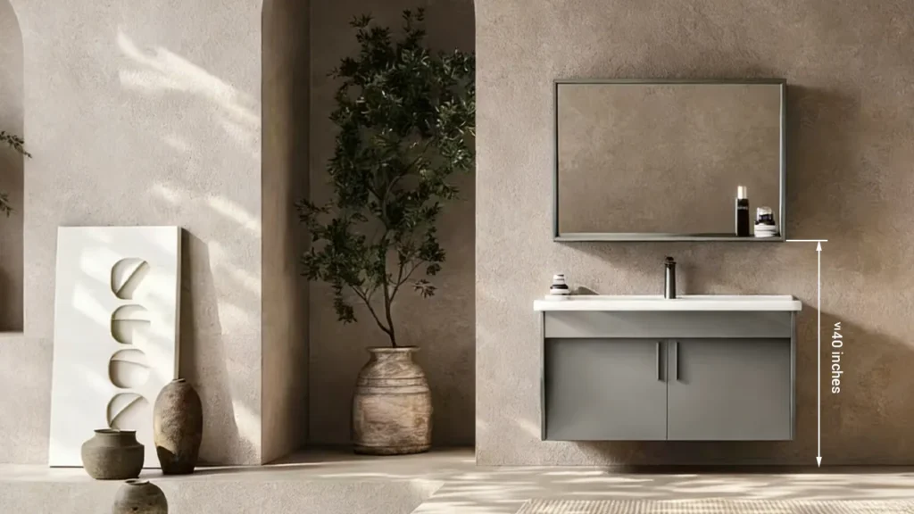 Accessible hotel bathroom vanity with the mirror's bottom reflecting edge mounted at the maximum ADA height of 40 inches.