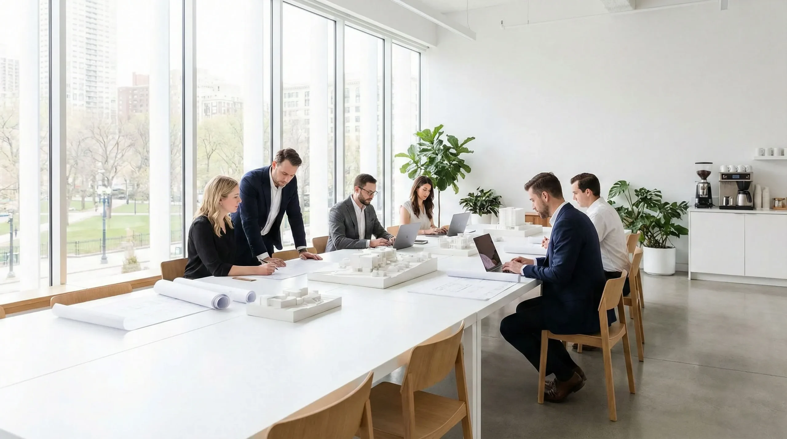 Professional engineering and design team discussing architectural plans for hotel bathroom projects