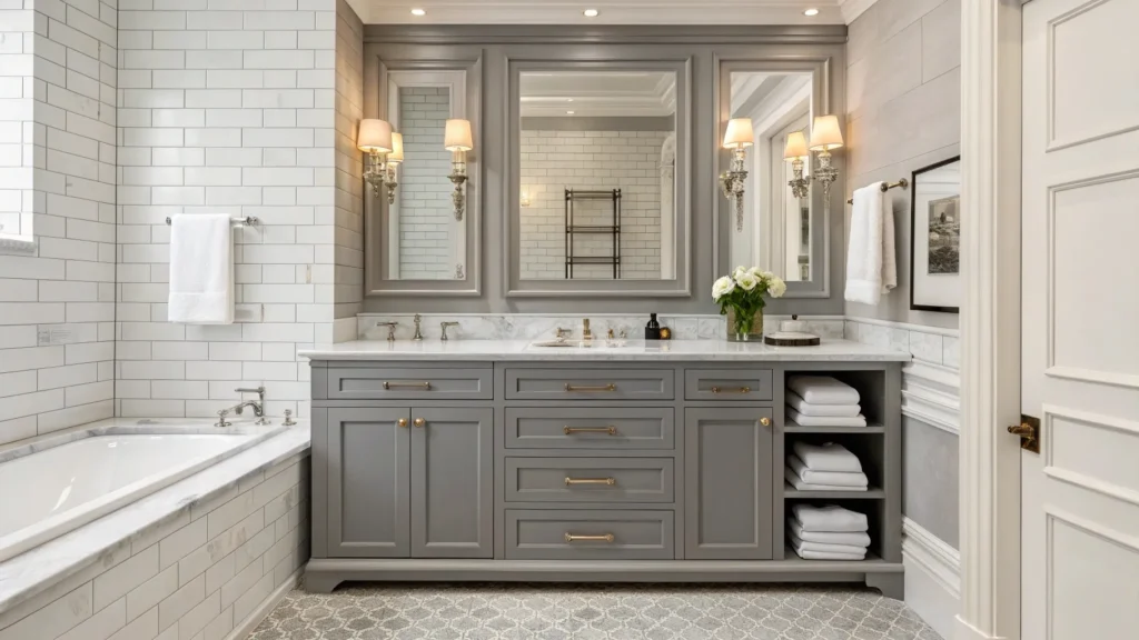 Timeless grey and white bathroom vanity design for hotels, providing a classic aesthetic that never goes out of style.