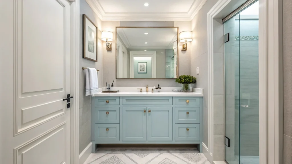 Light blue vanity bathroom ideas that make small guest rooms feel airy and spacious.
