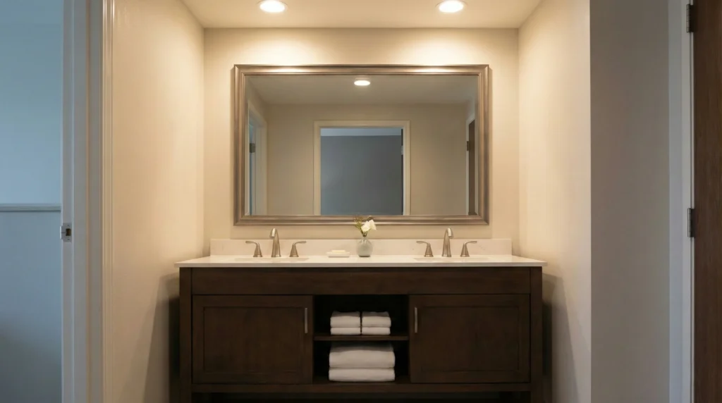 Perfectly balanced hotel bathroom vanity with a centered mirror sized 2 to 4 inches narrower than the cabinet for a polished look. (