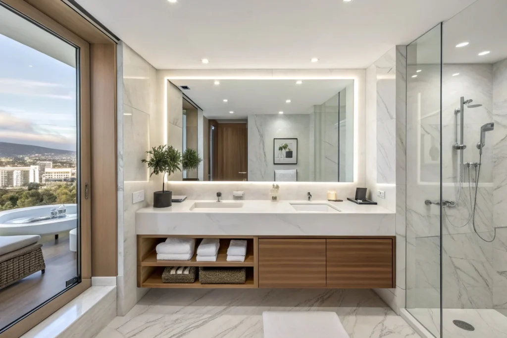 Grout-free large slab bathroom backsplash in a hotel bathroom preventing mold growth and dirt buildup.