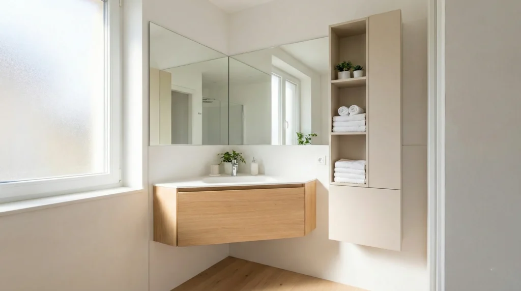 Space-saving narrow-depth small bathroom vanity in a light color for a spacious hotel feel.