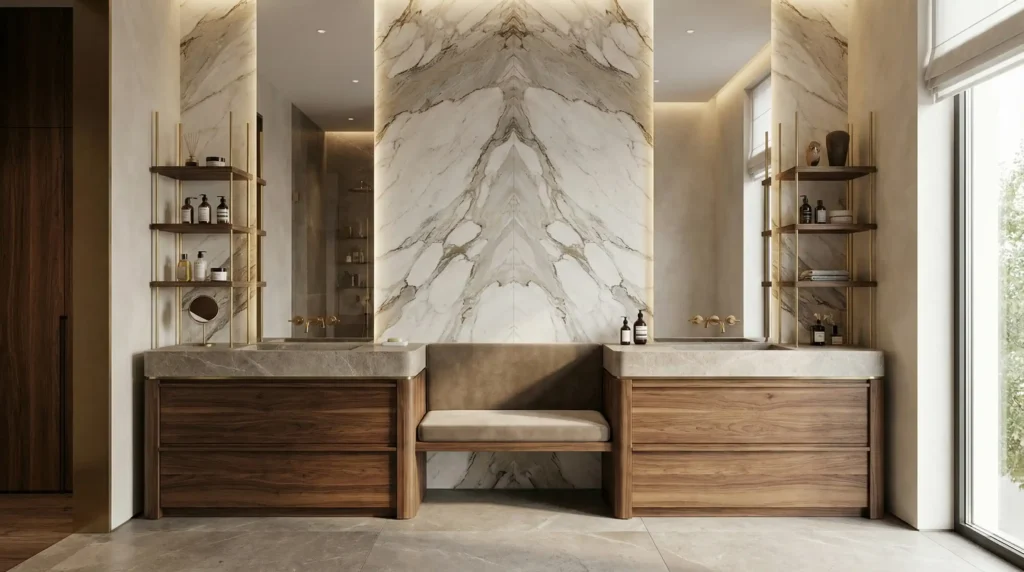 Luxury modern master bathroom vanity featuring oversized stone backsplash and "his and hers" functional zones for hotel suites.