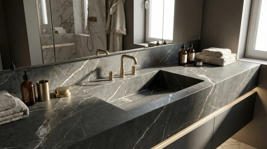 Close-up view of a durable sintered stone integrated sink surface resistant to cracks and stains.