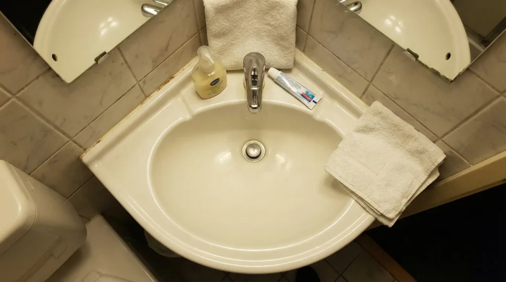 Compact corner sink vanity with limited counter surface for small hotel bathrooms