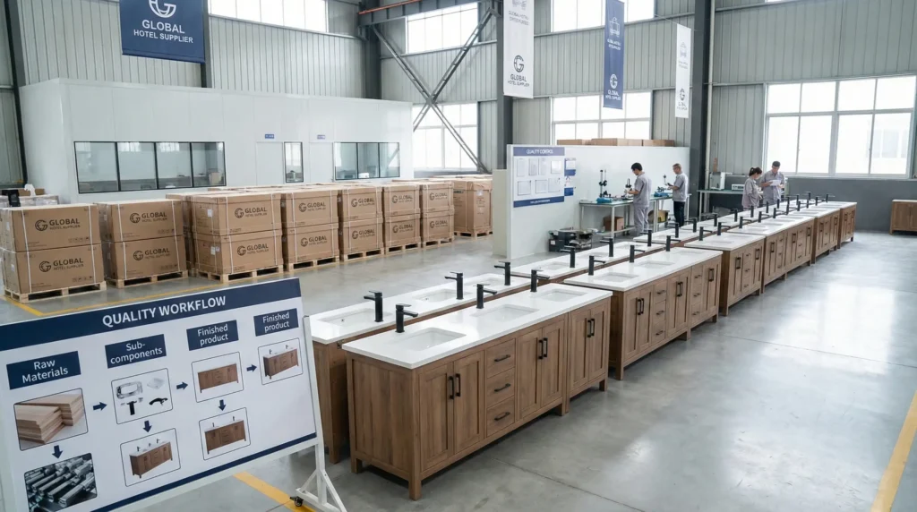 One-stop OEM bathroom vanity manufacturing process ensuring design consistency for hotel projects.