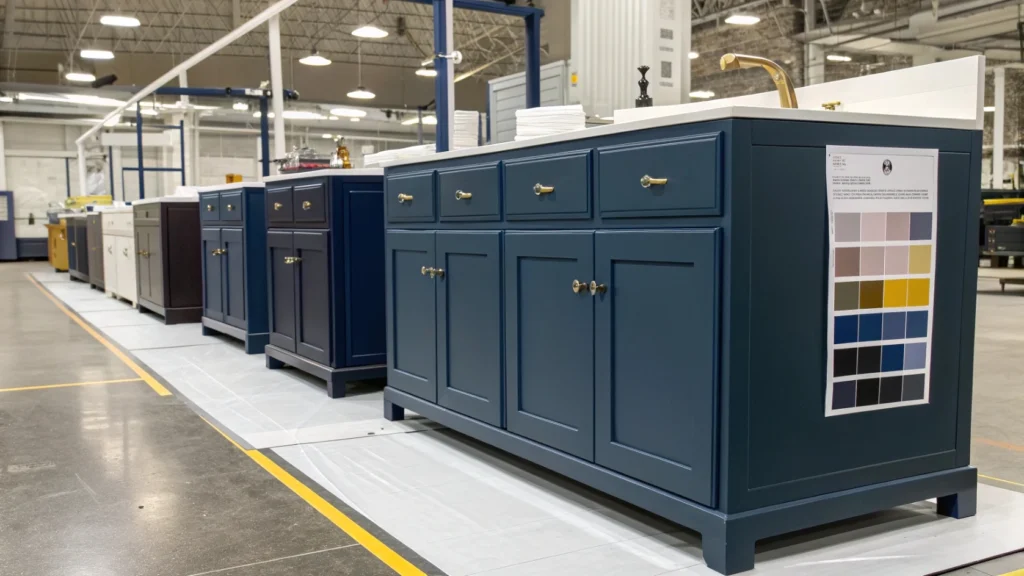 Dark blue vanity bathroom ideas and midnight blue cabinets showing consistent color quality for bulk orders.
