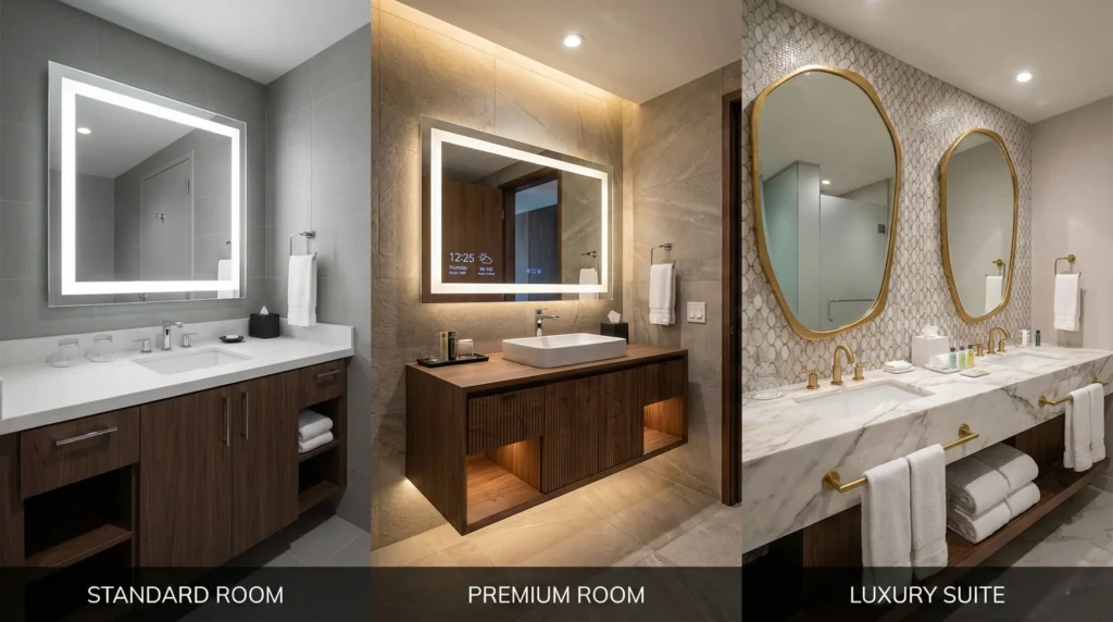 Visual comparison of hotel bathroom vanity and mirror standards used to differentiate standard, premium, and luxury room tiers in hospitality projects. (