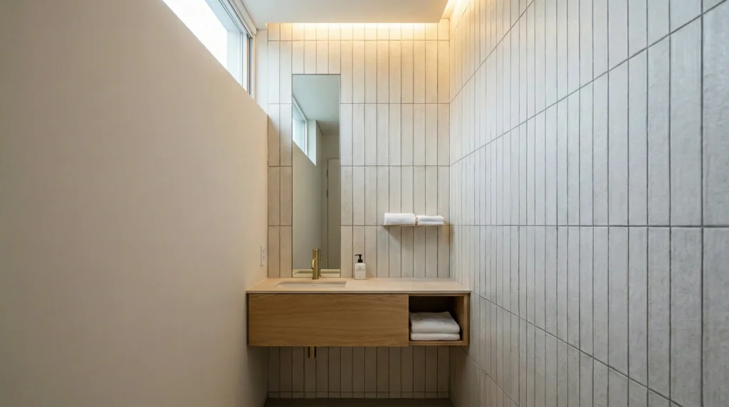 Mirrored tile backsplash behind a small hotel vanity making the compact room feel larger and brighter.