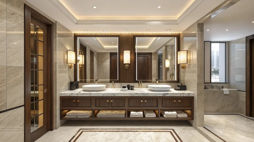 Modern double vanity bathroom ideas featuring spacious dual sinks for high-end luxury hotel suites.