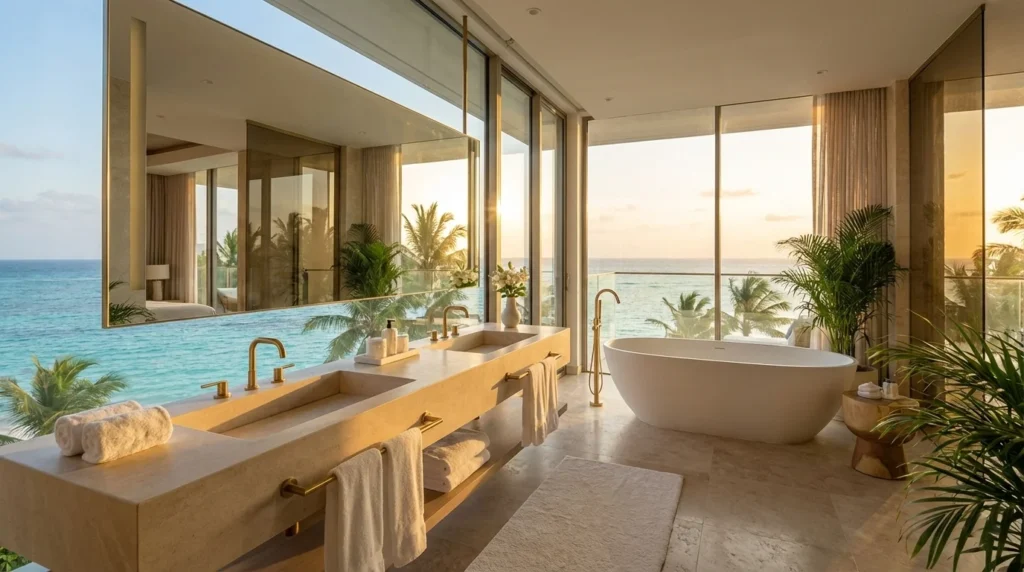 Modern integrated sink countertop in a luxury resort bathroom designed to increase guest satisfaction and room value."