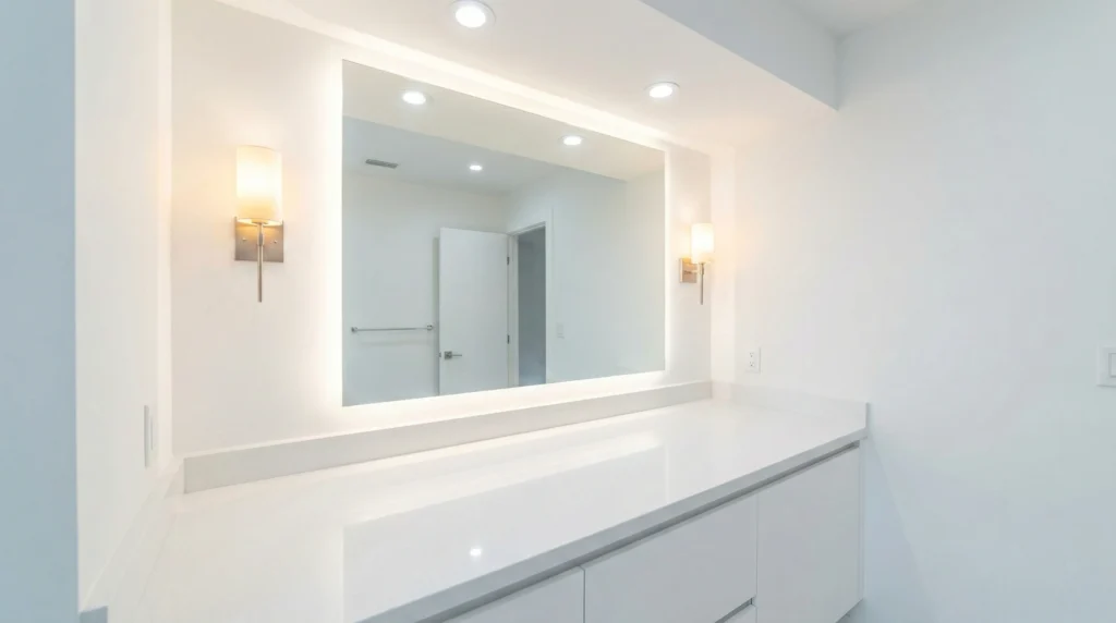 Durable hotel vanity design utilizing white bathroom vanity decorating ideas with non-porous surfaces and layered lighting.