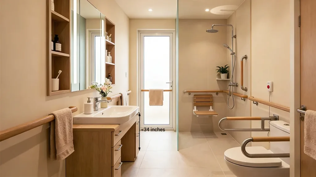 Diagram illustrating the strict ADA maximum vanity height of 34 inches from the floor, contrasted with standard residential height.