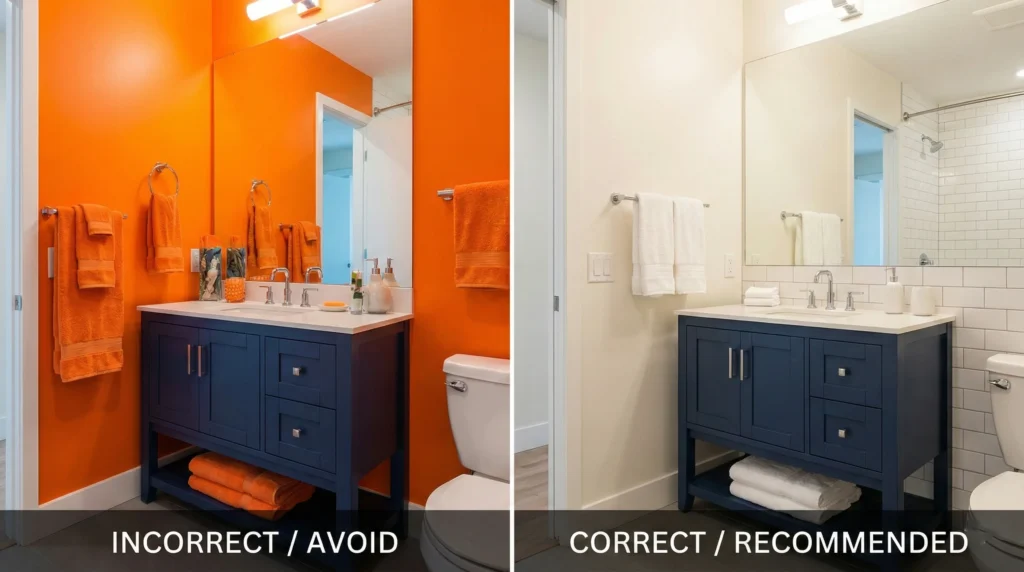 A luxury hotel bathroom featuring a blue vanity paired with neutral white tiles to create a relaxing, cohesive space, avoiding clashing colors.