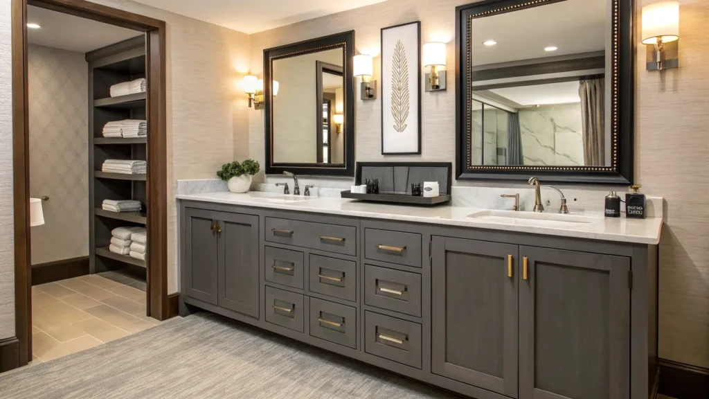 Seamless custom-fit hotel vanity installation designed to eliminate gaps and ensure a hygienic, professional finish in guest bathrooms.