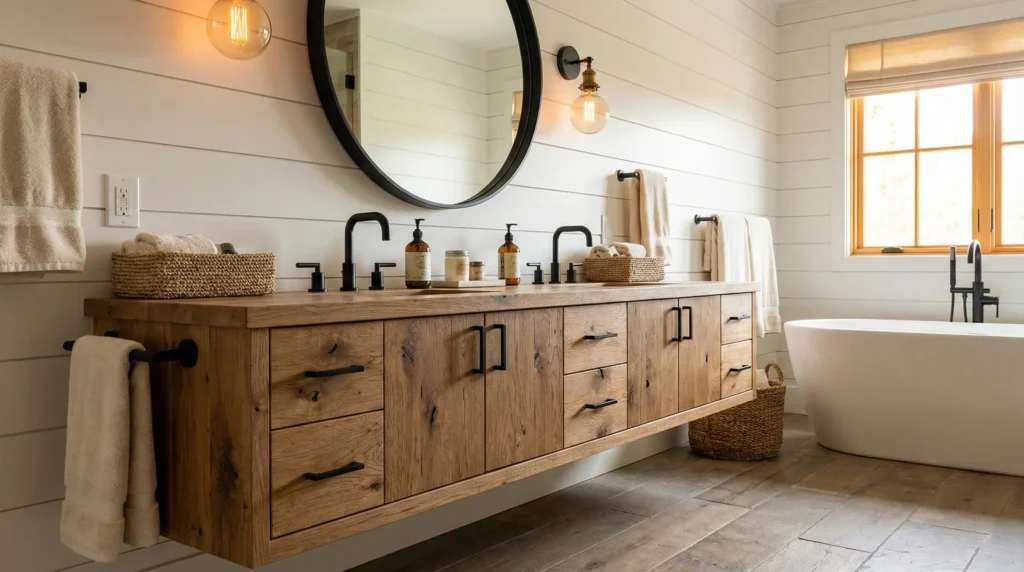 Modern farmhouse bathroom vanity ideas creating a cozy "home away from home" feeling for luxury resorts.