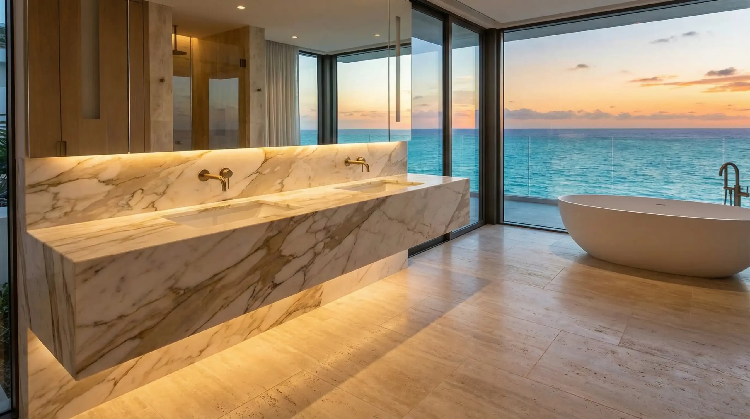 Marble bathroom vanity top with integrated sink