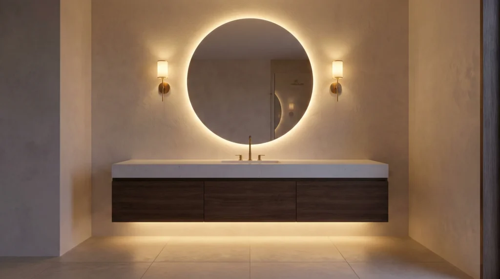 Luxury bathroom vanity featuring 2025 layered lighting trends with backlit mirror and side sconces for a shadow-free experience.