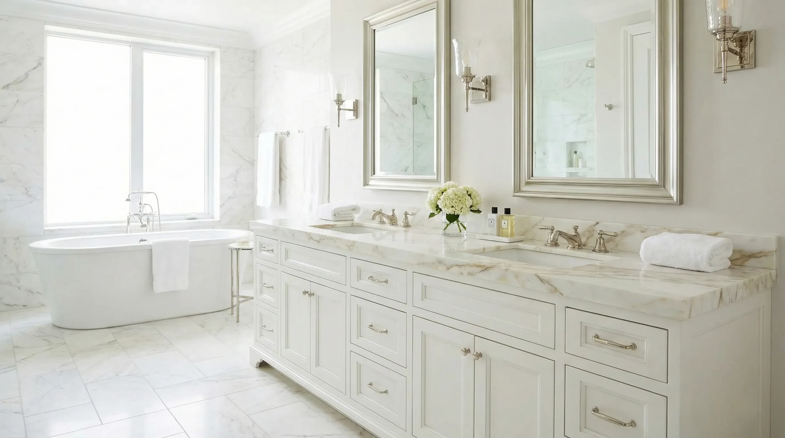 Classic white bathroom vanity with handle-less drawers for showrooms