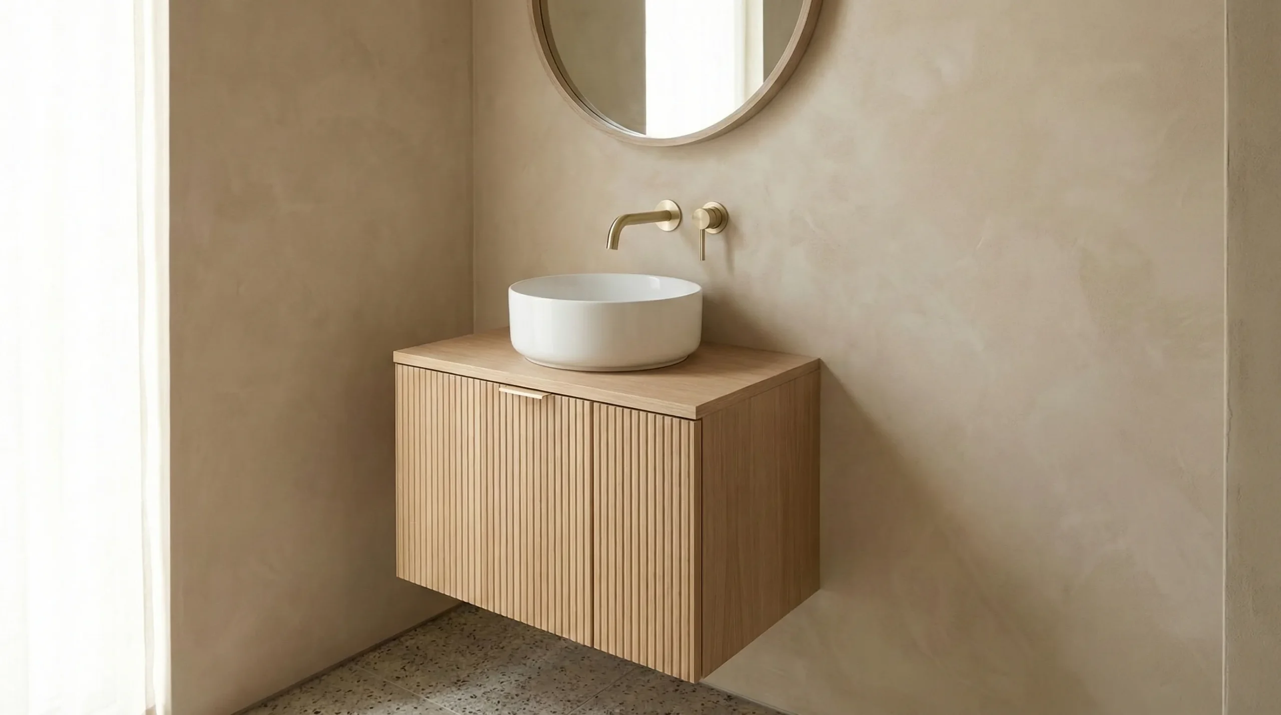 Small bathroom vanity with sink optimized for apartment layouts