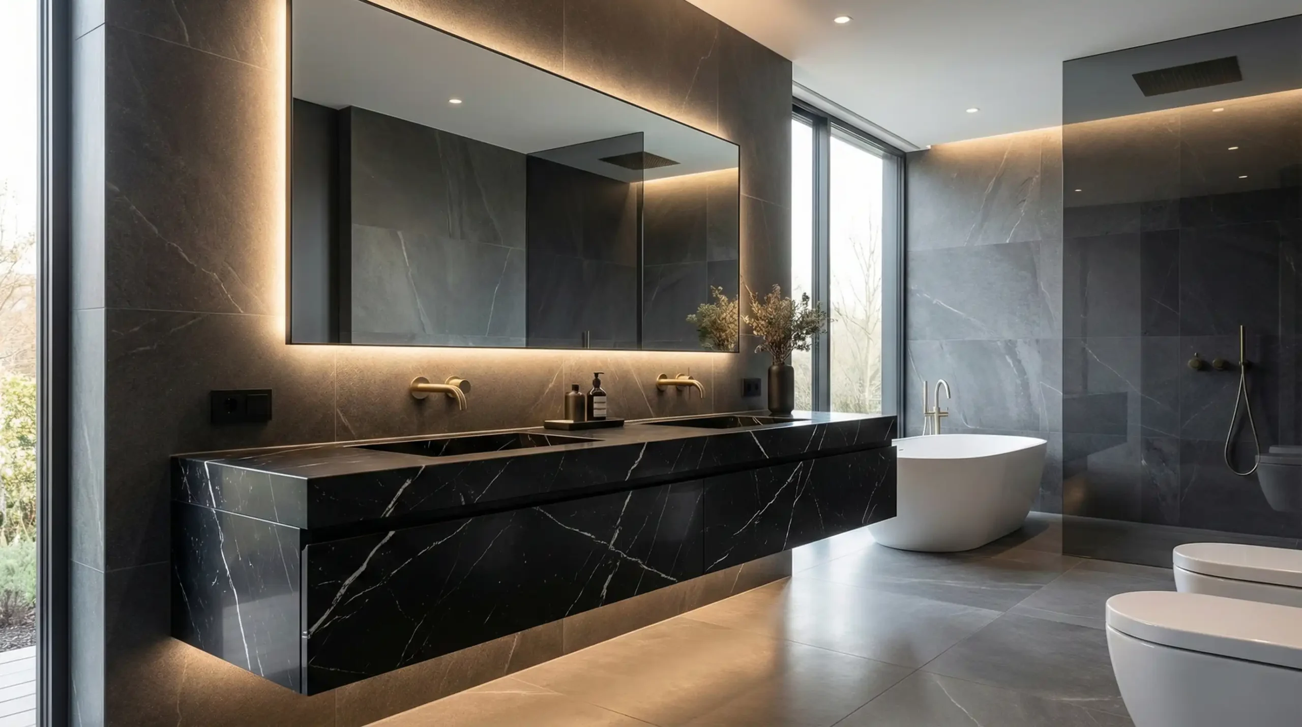 Black marble bathroom vanity with sophisticated finish