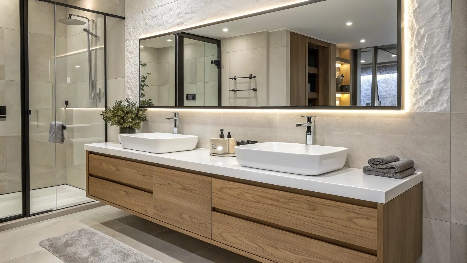Modern double bathroom vanities with custom stone finishes
