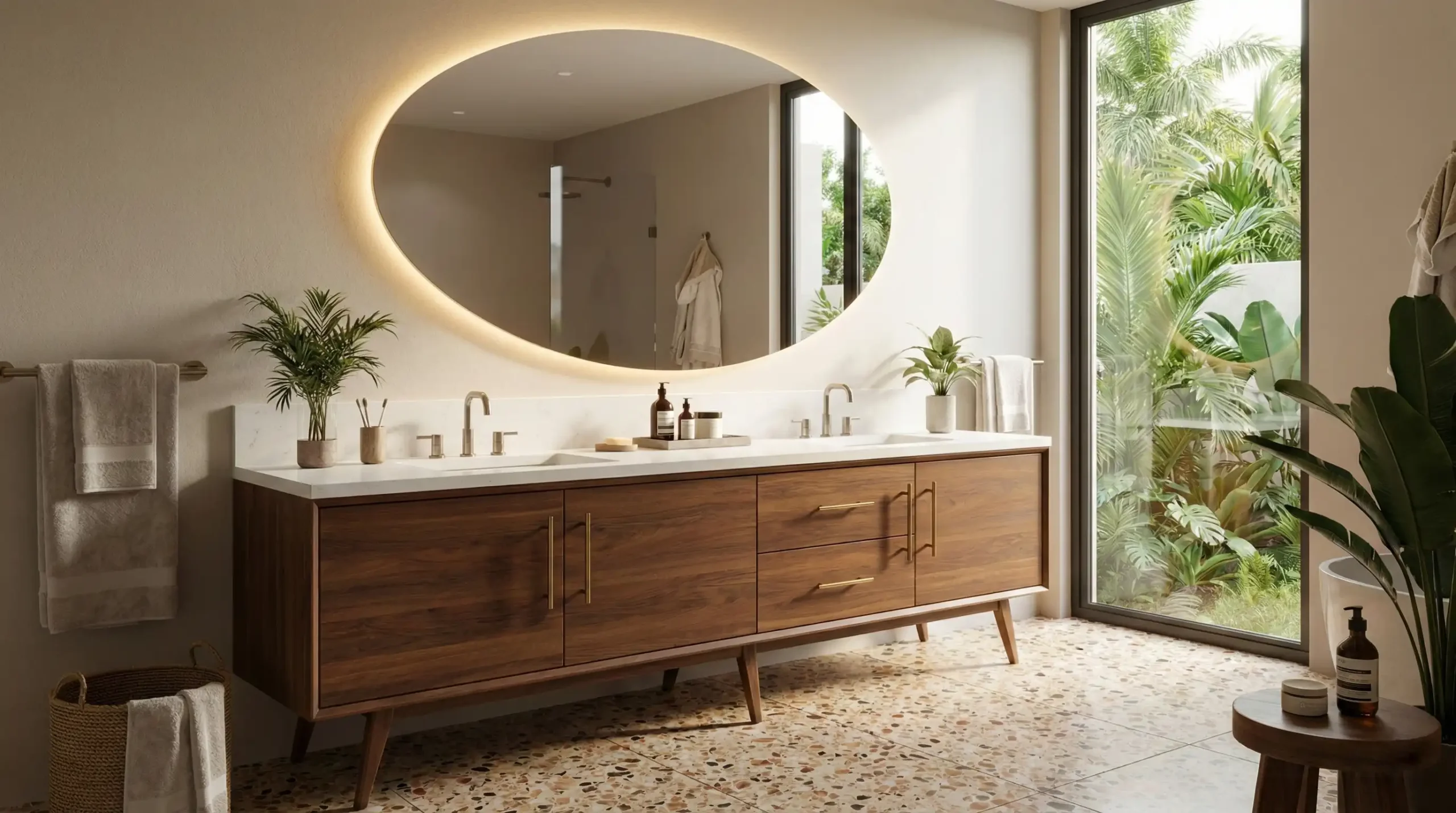 Mid century wood bathroom vanity stylish design for boutique hotels