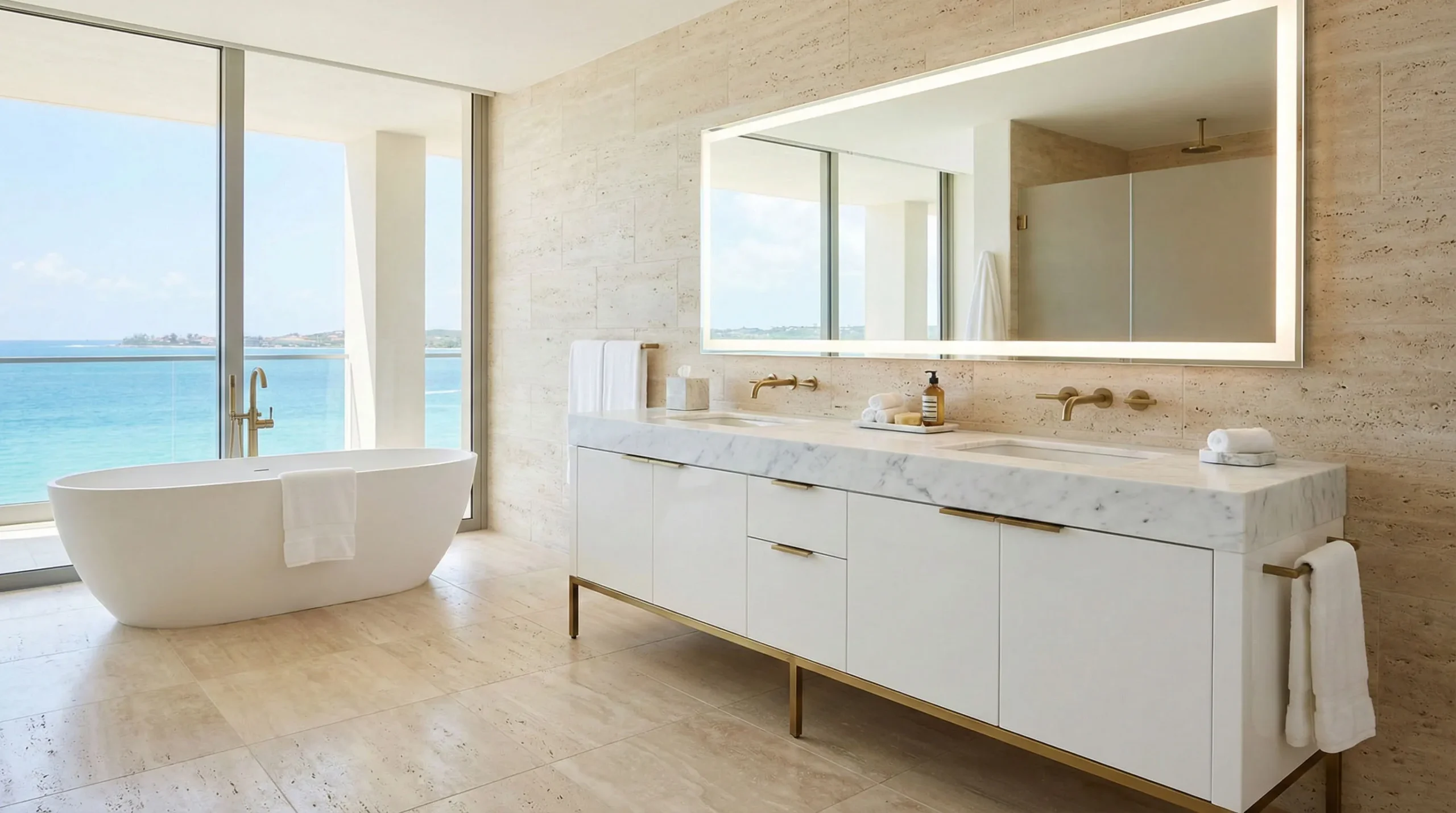 White freestanding bathroom vanity clean aesthetic for hospitality
