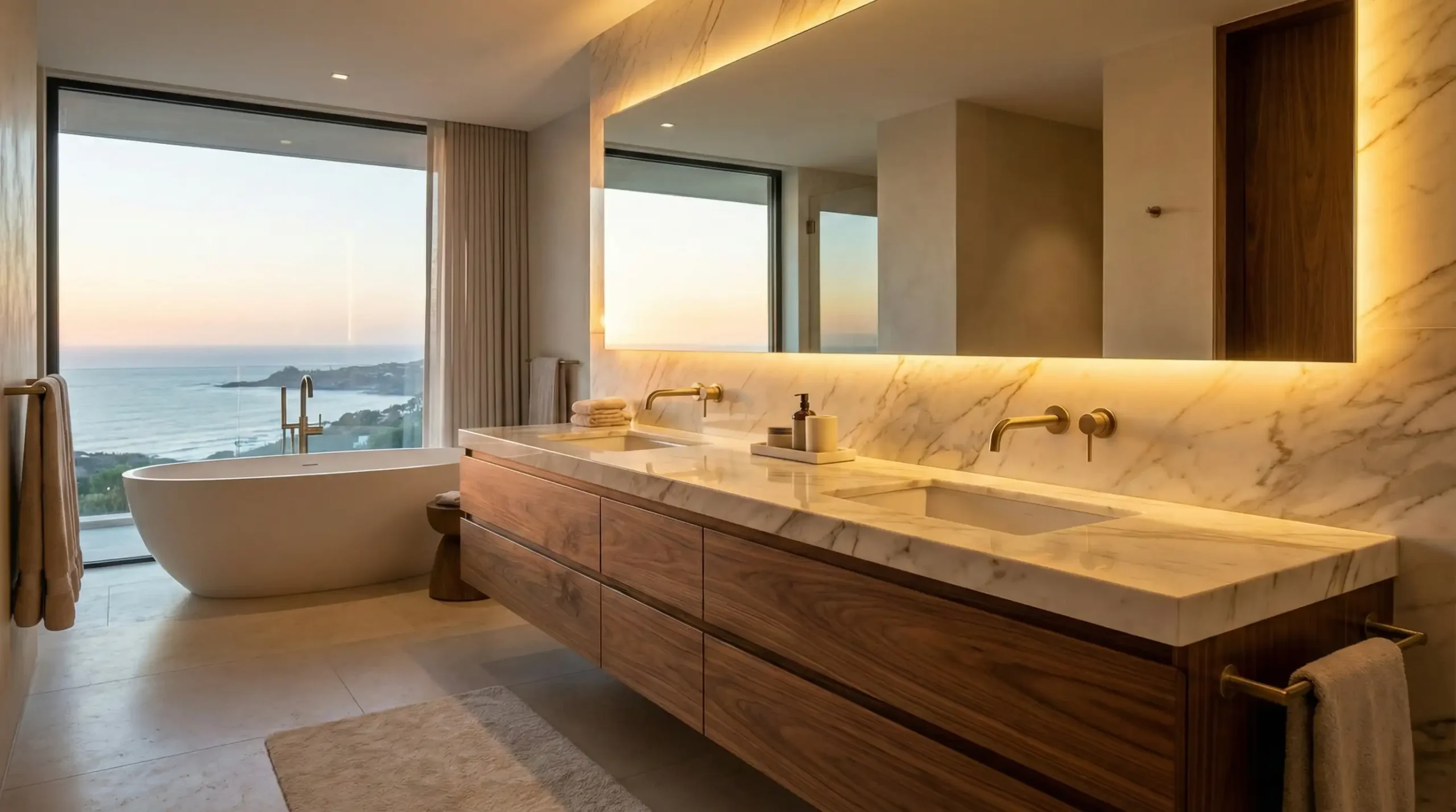 Freestanding double sink bathroom vanity for luxury suites