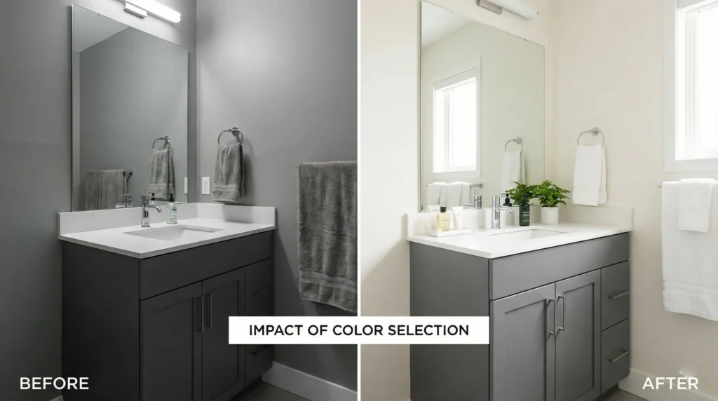 Luxury hotel bathroom featuring a blue vanity cabinet perfectly paired with a white marble countertop and subtle grey veining.
