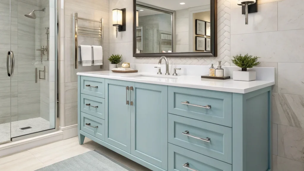 Luxury navy blue hotel vanity featuring brushed gold hardware and a durable white quartz countertop for a warm, high-end feel.