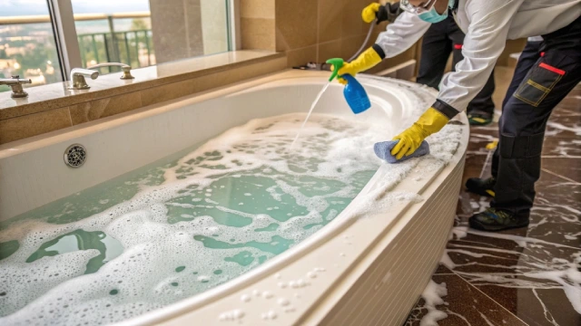 Aggressive cleaning chemicals causing micro-scratches and increasing porosity of hotel bathtub surface, accelerating yellowing