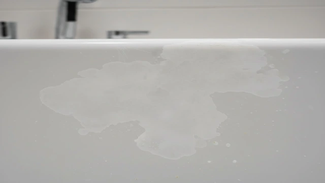 Chemical damage on hotel bathtub surface caused by incompatible bathtub cleaner