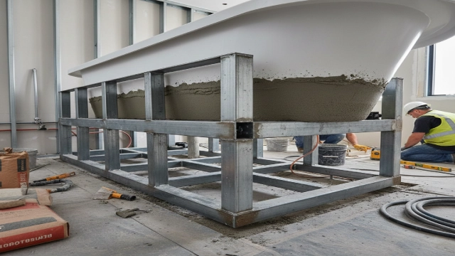 Commercial-grade bathtub installation with reinforced support to prevent cracking