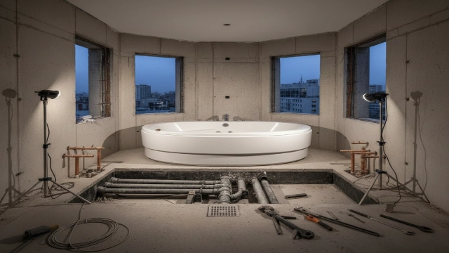 Commercial whirlpool bathtub installation in a hotel bathroom showing plumbing, drainage, and structural integration