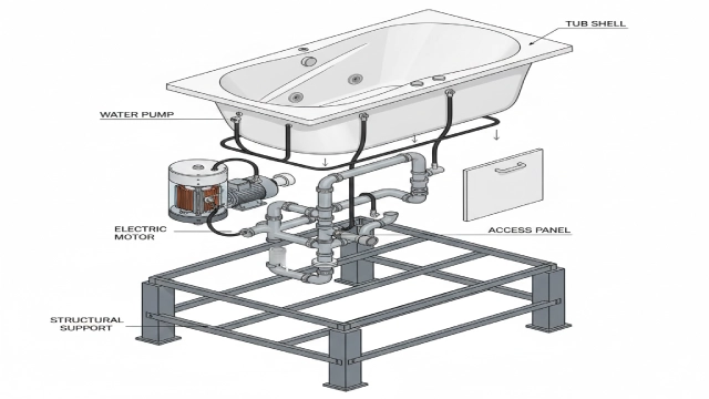Commercial whirlpool bathtub system components including pump, drainage, motor, and maintenance access for hotel use