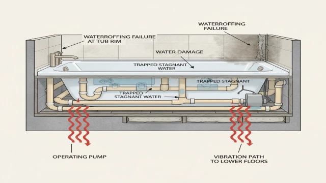 Common failure points in hotel whirlpool bathtubs including drainage odor, vibration noise, and waterproofing leakage