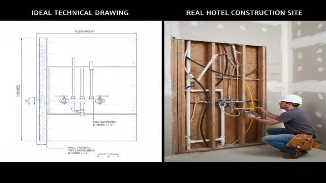 Comparison between ideal bathtub faucet drawings and real hotel site installation conditions