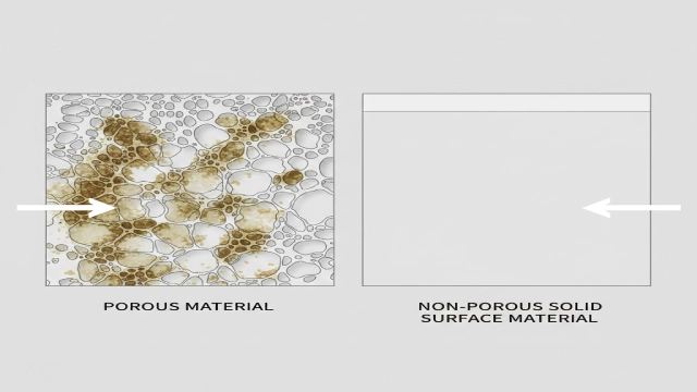 Comparison of porous and non-porous hotel bathtub materials showing how stains penetrate low-quality surfaces