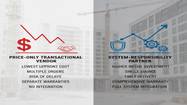 Comparison of price-focused supplier and system-responsibility supplier for hotels, showing operational differences when selecting whirlpool bathtub manufacturers.