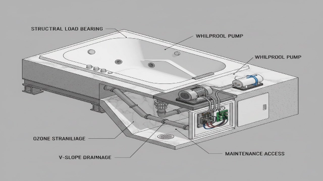 Cross-section illustration of a commercial hotel whirlpool bathtub showing structural support, V-slope drainage, pump system, ozone sanitation, and maintenance access panel.