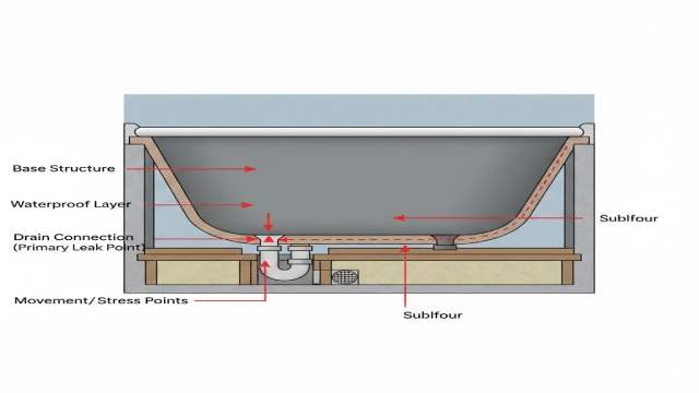 Cutaway view showing bathtub base deflection and drain seal failure risks in hotel bathrooms