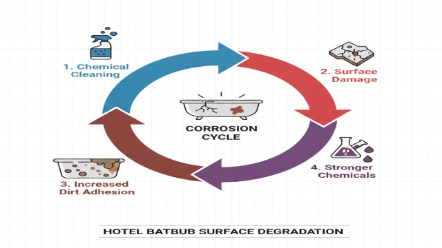Cycle showing how aggressive cleaning chemicals accelerate hotel bathtub surface degradation