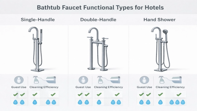 Diagram comparing functional bathtub faucet types for hotels, including single-handle, double-handle, and hand shower configurations.