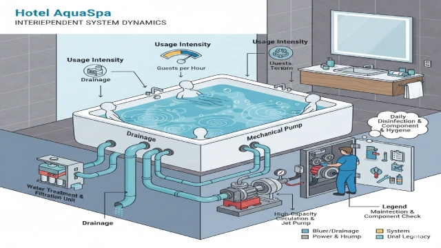 Diagram showing a hotel whirlpool bathtub as a system with usage intensity, drainage design, pump, and maintenance access.