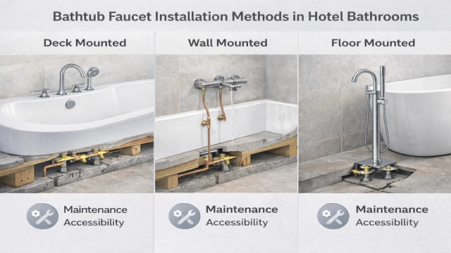 Diagram showing different bathtub faucet types and installation methods in hotel bathrooms with maintenance accessibility.